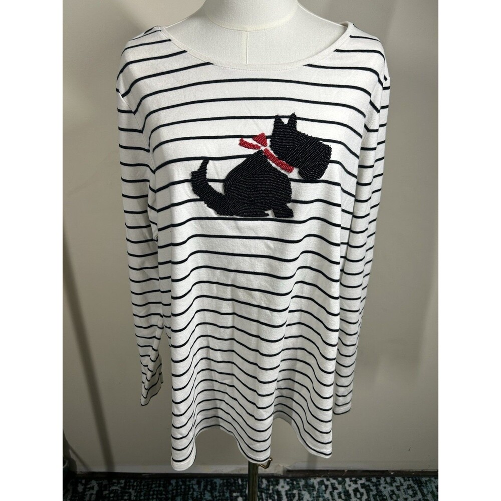 Charter Club Women's Top Plus 3X Black White Sriped beaded Terrier Design 257